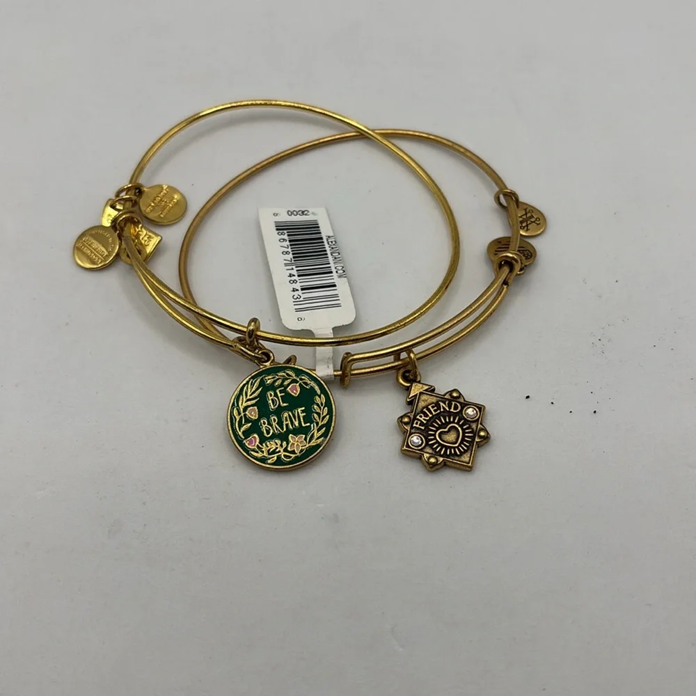 Alex and Ani gold charm bangle bracelet stretch Friend and Be Brave charms